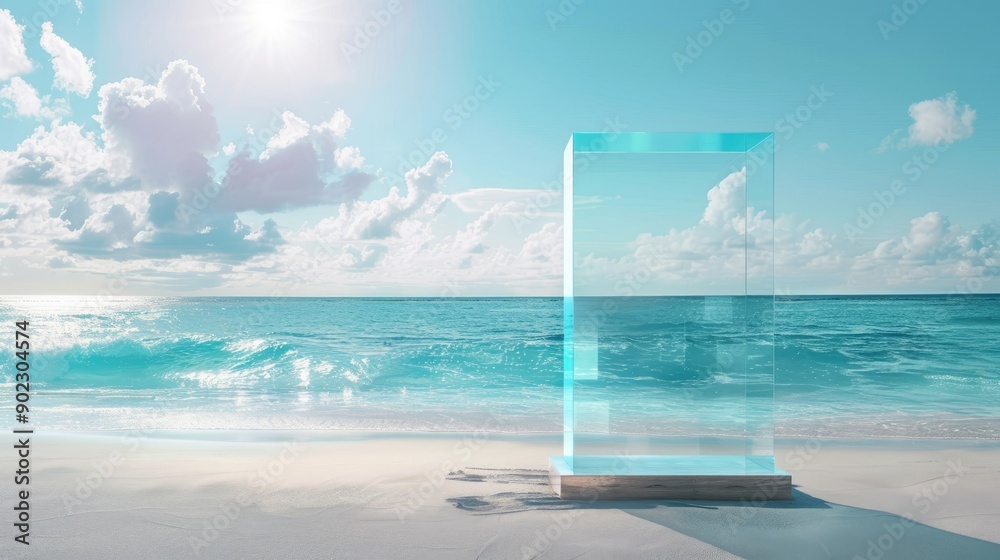 Fototapete glass podium with a serene beach background, ideal for adding text and showcasing products