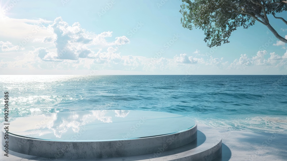 Fototapete glass podium with a serene beach background, ideal for adding text and showcasing products
