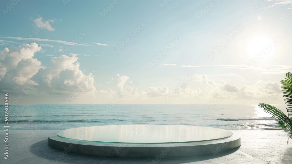 Fototapete glass podium with a serene beach background, ideal for adding text and showcasing products