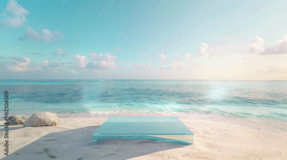 Fototapete glass podium with a serene beach background, ideal for adding text and showcasing products