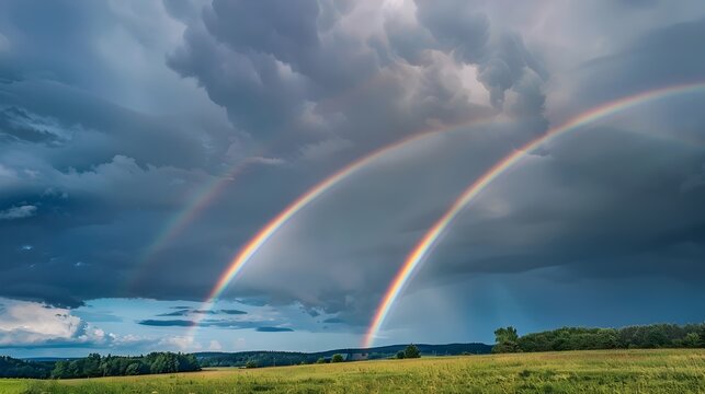 A breathtaking view of three rainbows arcing across a stormy sky, contrasting vivid colors against dark clouds. A lush green field stretches below, framed by trees on the horizon.