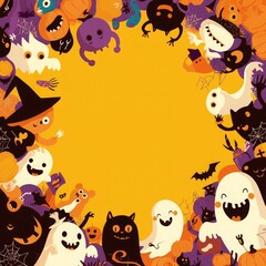 Fototapeta premium Halloween background, cartoon style, blank space, cute and colorful monsters, friendly ghosts, orange and purple palette, playful and cheerful