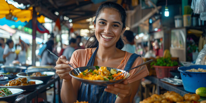hispanic woman. A woman smiles with delight as she enjoys a delicious meal at a bustling Asian street food market.