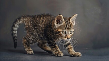 Obraz premium Striped brown kitten on gray backdrop