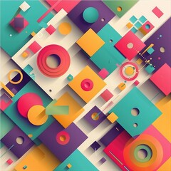 Minimal geometric background with bright colorful squares and round elements, vector illustration for cards, Playful and Vibrant
