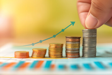 A hand is placing coins in the shape of an upward trending graph, with blue light beams representing money growth lines. Symbolize growth and developmen, digital data points, financial progress 