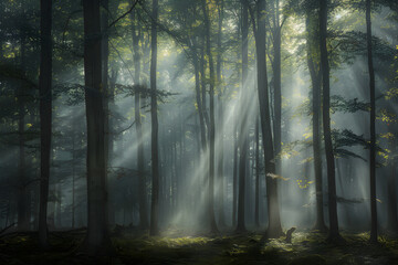 Naklejka premium Enigmatic Foggy Forest: A Mysterious Landscape Shrouded in Mist and Mystery, Invoking a Sense of Wonder and Intrigue