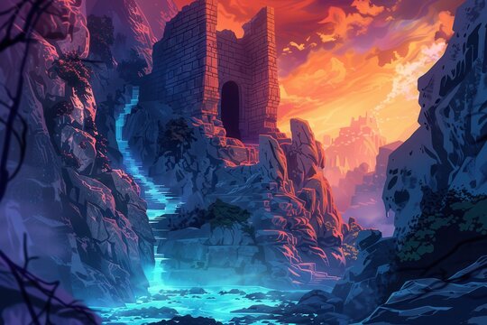 Ancient stone ruins in a narrow mountain valley with a river flowing through it