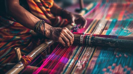 A captivating shot of an Indian weaver creating beautiful patterns on a traditional handloom, colorful threads forming intricate designs, and the weaver's focused expression and skillful hands