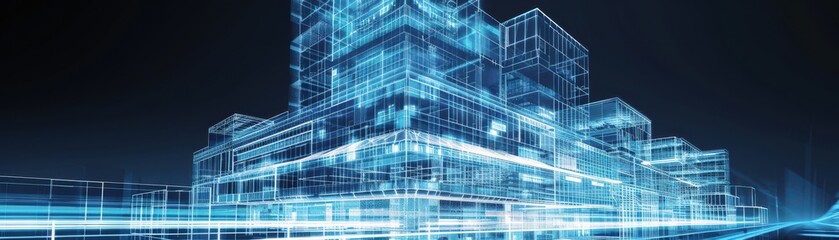 Futuristic digital architecture concept showcasing bright blue wireframe structures against a dark background.