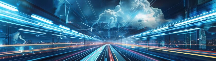 Futuristic landscape with dynamic light trails, representing speed and technology in a digital environment.