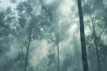 Obraz premium Enigmatic Foggy Forest: A Mysterious Landscape Shrouded in Mist and Mystery, Invoking a Sense of Wonder and Intrigue