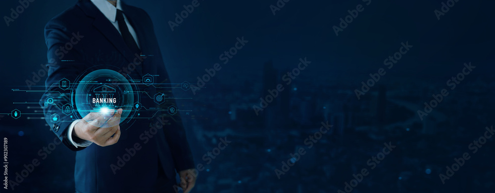 Poster businessman hold banking network connecting icon online access to business and financial big data wi