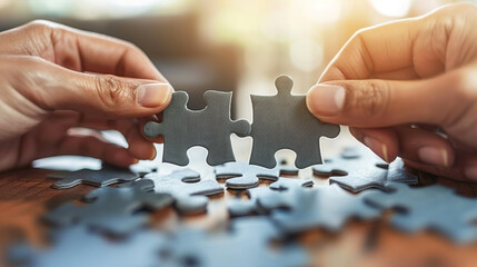 Two different hands holding a matching jigsaw puzzle piece, symbolizing collaboration and unity. This image represents the concept of teamwork, partnership, and finding the perfect business match