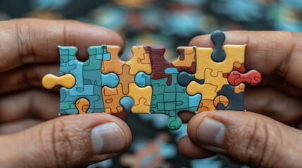 Two different hands holding a matching jigsaw puzzle piece, symbolizing collaboration and unity. This image represents the concept of teamwork, partnership, and finding the perfect business match