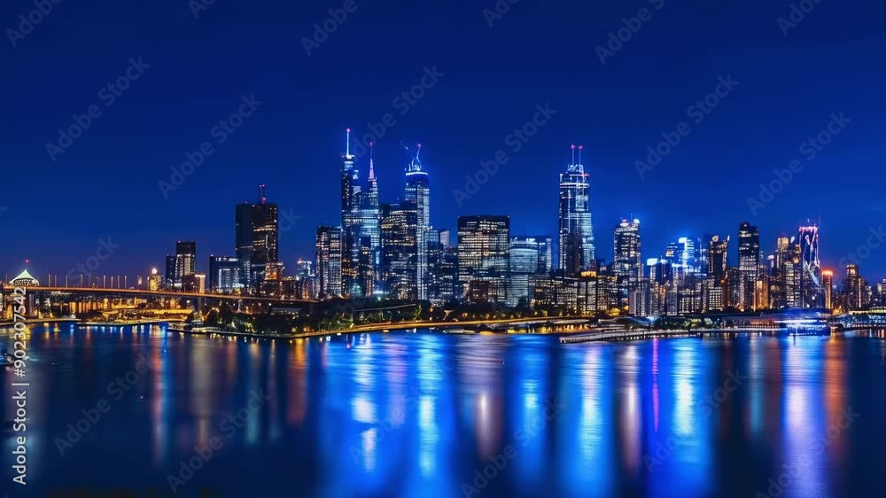 Sticker view of glowing buildings at night