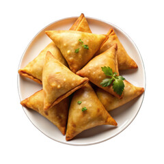 Potato samosa indian snacks on white plate top view on transparent background