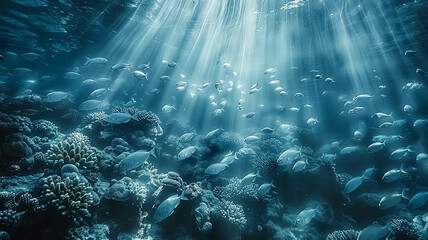 Fototapeta premium a flock of fish in the depths of the sea, rays of light in the marine underwater landscape