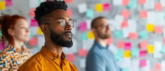Diverse professionals at an office brainstorming session with colorful sticky notes on a wall, focused and engaged in teamwork and collaboration.