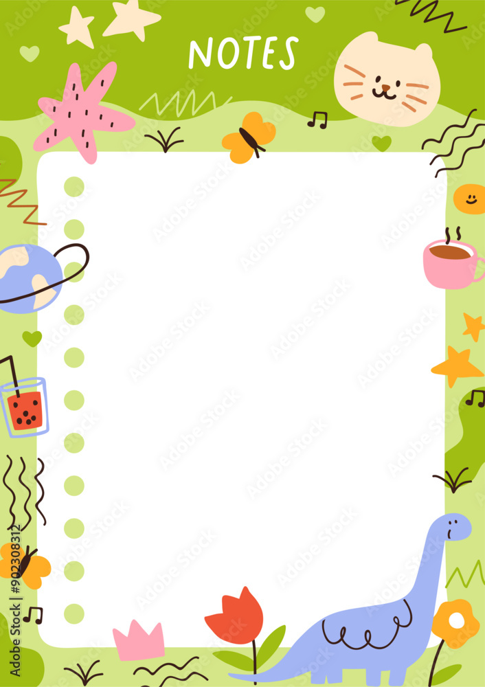 Poster notepad paper, note book page design. cute diary with doodle animals and scribbles frame. blank back
