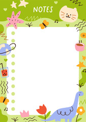 Naklejka premium Notepad paper, note book page design. Cute diary with doodle animals and scribbles frame. Blank background for modern notebook, organizer, planner, journal. Colorful flat vector illustration