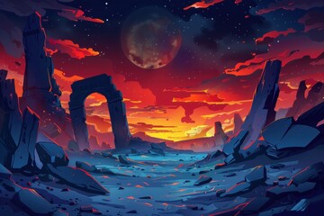 Fototapeta premium Mystical landscape with ancient ruins under starry night sky and large moon