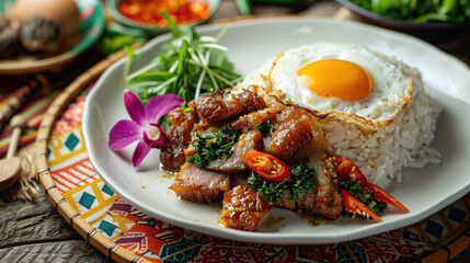Crispy Pork Belly with Holy Basil and Fried Egg - Thai Street Food. Khao Kra Pao Moo Krob served with a fried egg, capturing the essence of Thai street food.