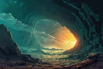 Fototapeta premium Alien landscape with a glowing cavern entrance and a distant setting sun
