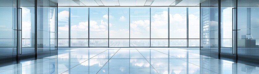 Fototapeta premium Spacious modern office interior with large windows and beautiful sky view, perfect for business and creativity.