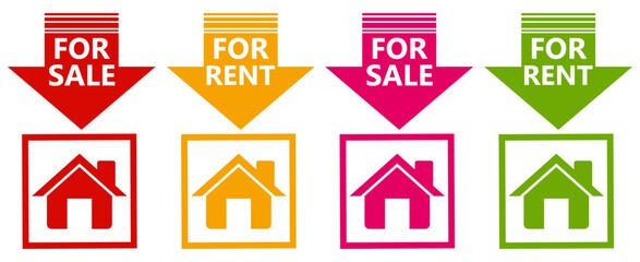 set vector sign for sale and rent icon stickers. house for rent promotional template label design illustration