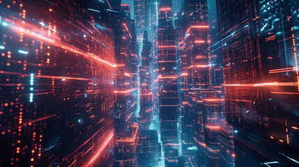 Fototapeta premium A futuristic digital vault protected by layers of intricate, glowing encryption codes, with streams of data flowing like rivers of light in a cyberpunk cityscape.