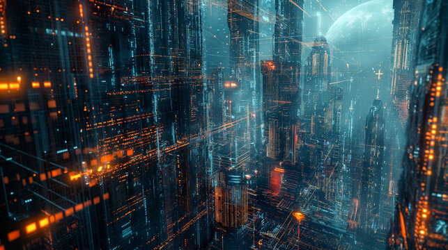 A futuristic digital vault protected by layers of intricate, glowing encryption codes, with streams of data flowing like rivers of light in a cyberpunk cityscape.