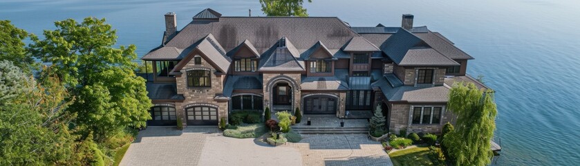 Stunning luxury mansion by the lake, featuring modern architecture and beautiful landscaping, perfect for upscale living.