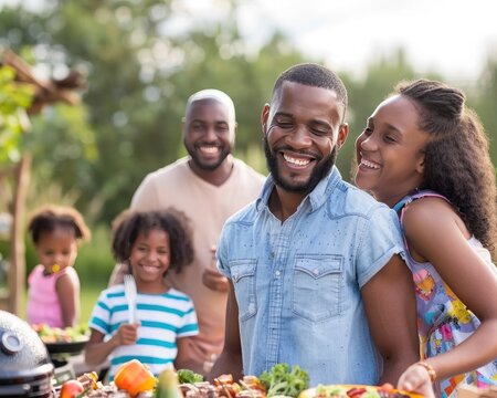 Father s Day barbecue with diverse families, lively and fun outdoor gathering, warm and vibrant scene