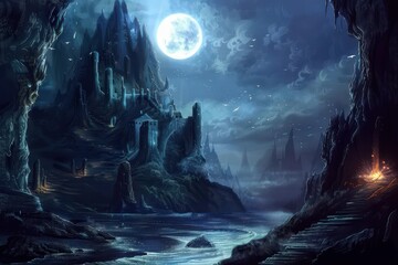 Mystical moonlit castle by the lake