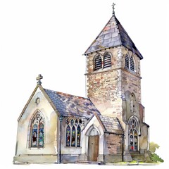 Obraz premium Watercolor painting of a Tudor-style church, with its distinctive square tower on isolated white background, Generative AI