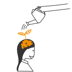 hand drawn doodle watering the human brain that grows plants