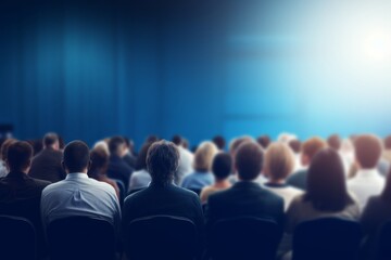 A photo of an audience at an event watching and listening to presenters on stage against a blue background. A web banner with empty space on the right side - stock photo. 