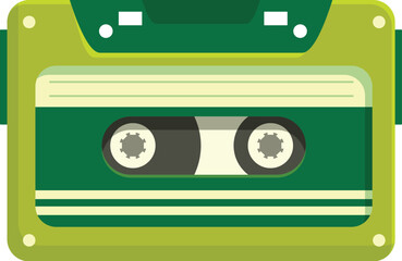 Green audio cassette tape is lying horizontally with the magnetic strip facing forward
