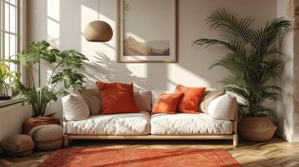 Minimalist living space with a soft white sofa and coral pillow near palm houseplants in a wicker pot, frame picture poster on a white wall. Interior design