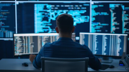 Obraz premium IT professional analyzing data on cybersecurity threats, Cybersecurity threats, Protecting against digital dangers