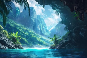 Cave entrance view of a tropical paradise cove with blue water and lush greenery