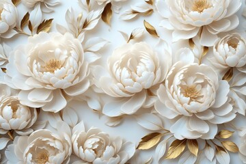 Close-up group white peonies gold leaves scattered around A whit