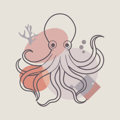 Octopus with tentacles. Cartoon sea and ocean animal. Cute giant kraken monster of fantasy story, cartoon creepy underwater cuttlefish. Thin lines style emblem for the menu of the seafood restaurant.