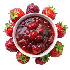 Red strawberry jam on white bowl top view on transparent background
