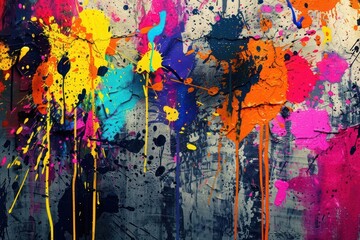 Energetic and chaotic paint splatters on a grunge wall, creating a bold and vibrant abstract background.