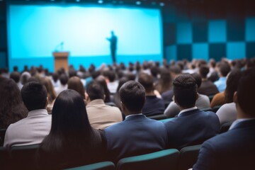 Photo of a college lecture with speakers on stage and an audience in the foreground, captured from behind against a blue colored background, with blurred people in focus. 
