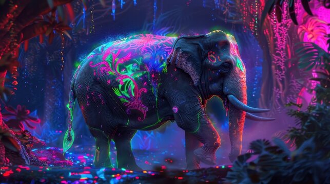 A fantastical depiction of an Indian elephant with neon patterns on its skin, walking through a futuristic, holographic jungle, the vibrant colors and glowing elements enhancing the magical and