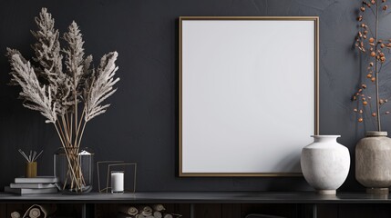 Crisp photograph of a frame mockup against a dark interior wall, showcasing contemporary design and minimalism. With copy space for text