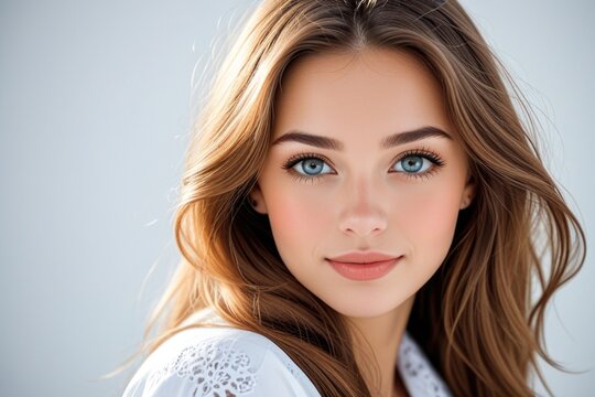 Showcase the charm of a Russian girl against a pristine white backdrop, emphasizing simplicity and grace